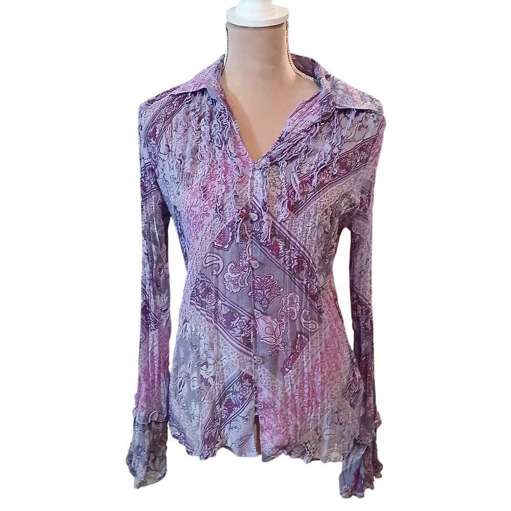 Apt 9 Womens Purple Paisley Floral Ruffle Medium Patchwork Hippie Boho Shirt